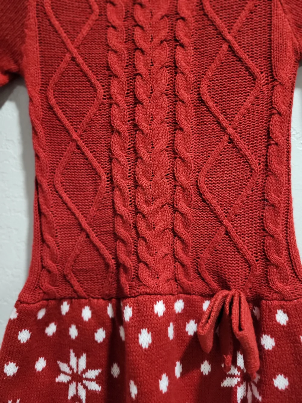 Girls' Red Cable-Knit Holiday Dress with Festive White Motif